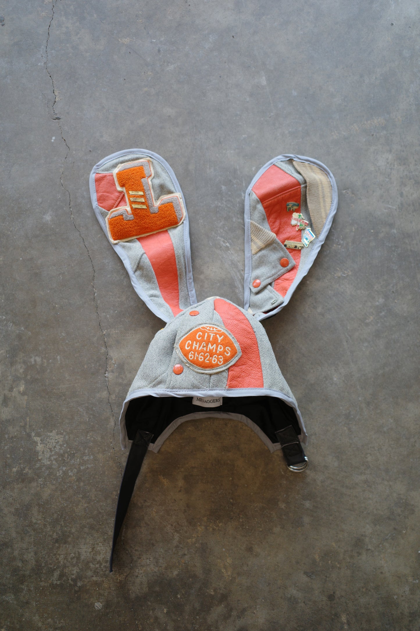 nag nag Bunny Ear Hat made with vintage Varsity Jacket and Patches