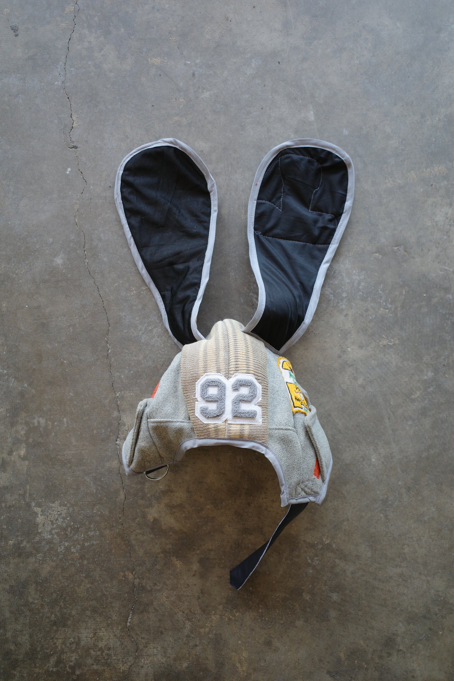 nag nag Bunny Ear Hat made with vintage Varsity Jacket and Patches