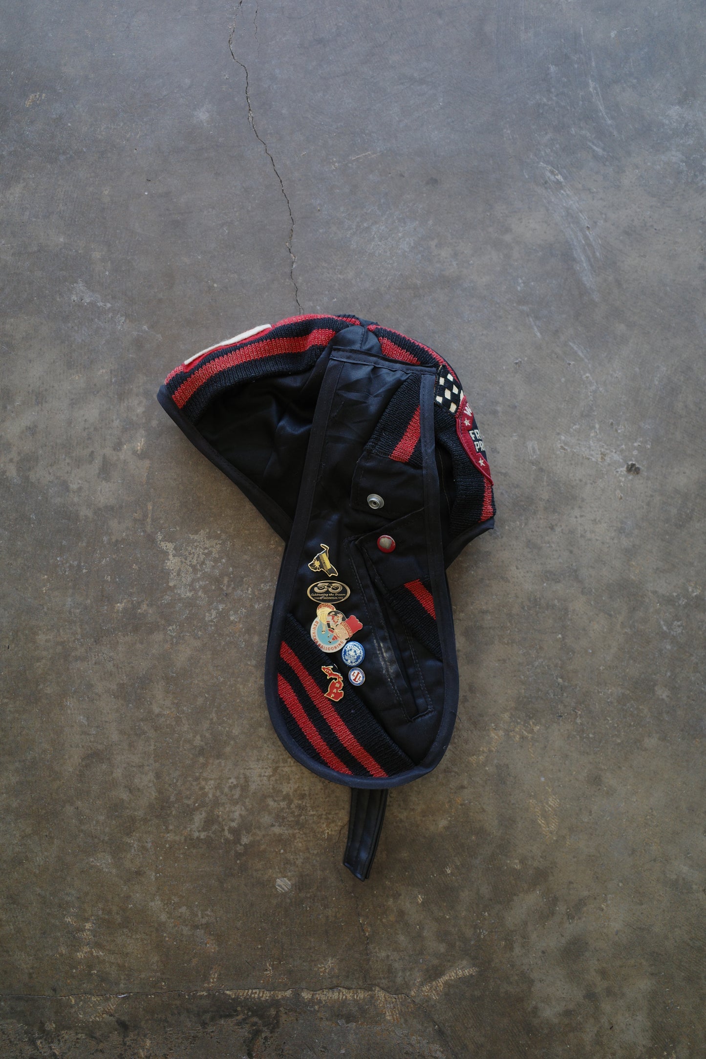 nag nag Bunny Ear Hat made with vintage Varsity Jacket and Patches, vintage pins