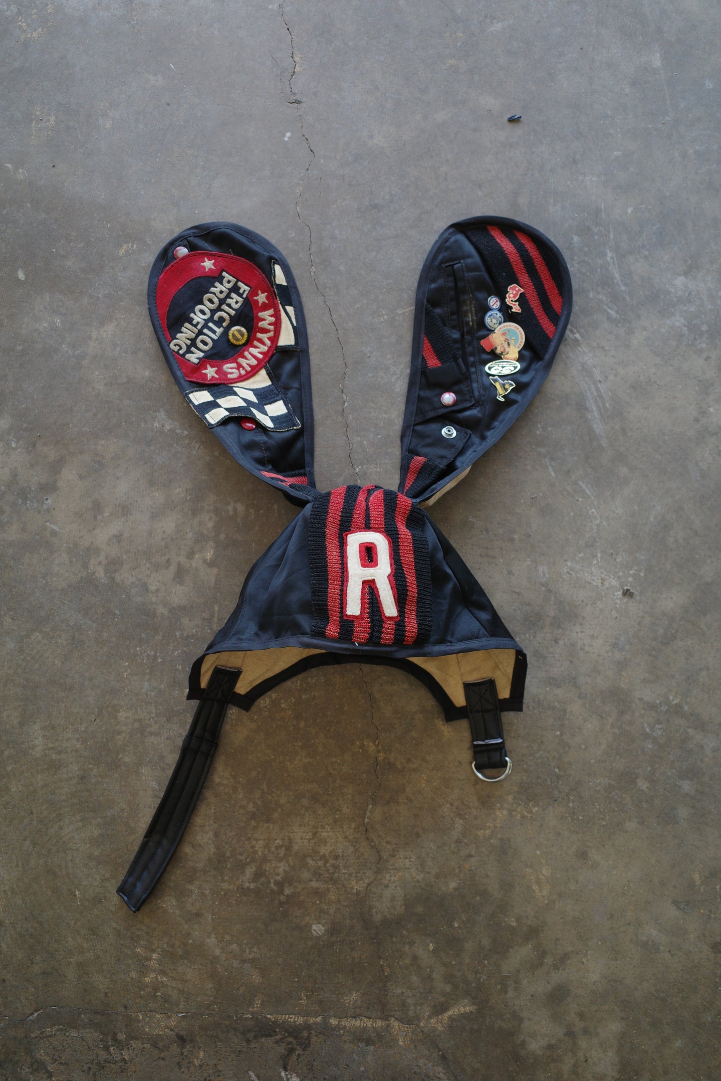 nag nag Bunny Ear Hat made with vintage Varsity Jacket and Patches, vintage pins