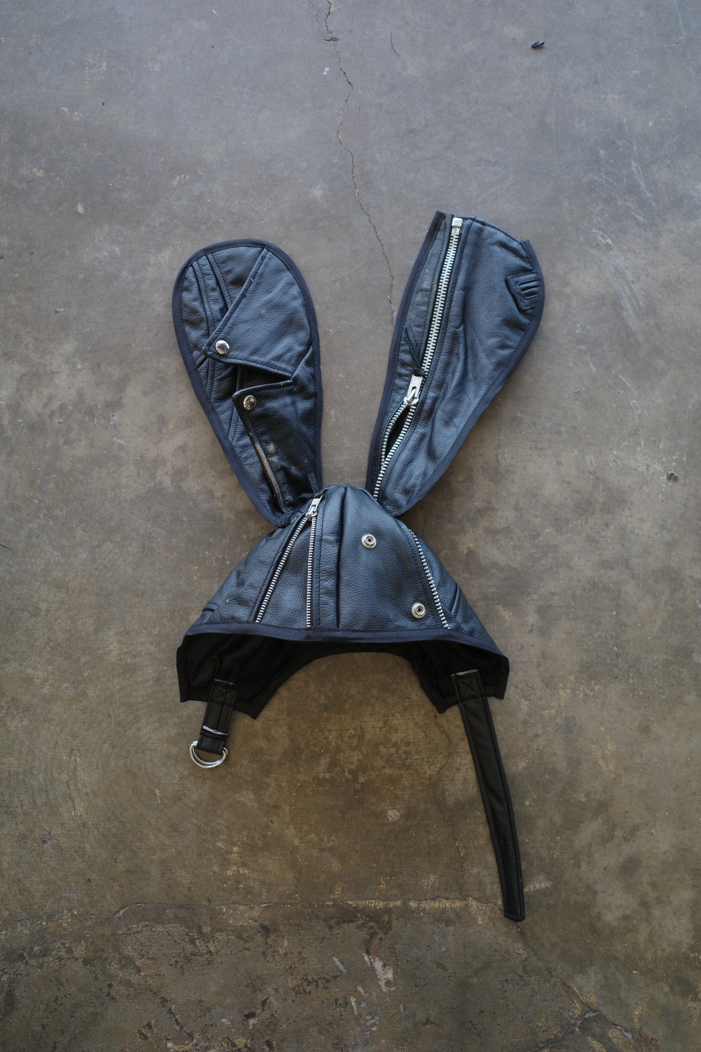 nag nag Bunny Ear Hat made with vintage  Leather Biker  jacket