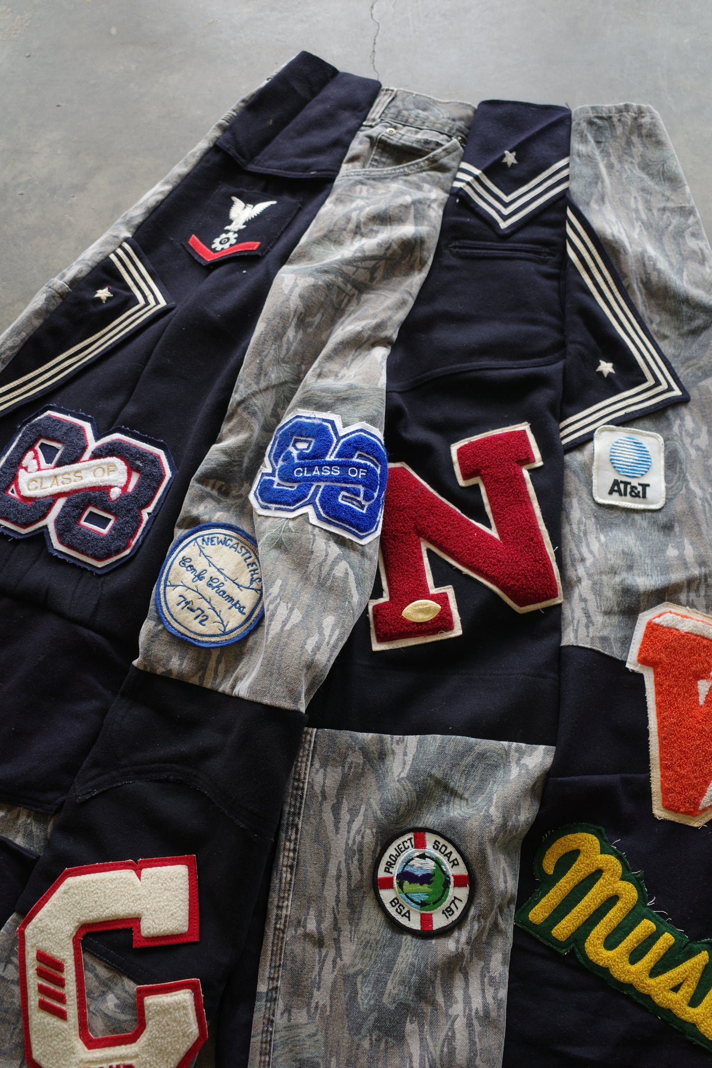 Wide Legged nag nag Pants(L) / made with vintage US.NAVY ISSUES wool fabric & and vintage wooden camo jeans