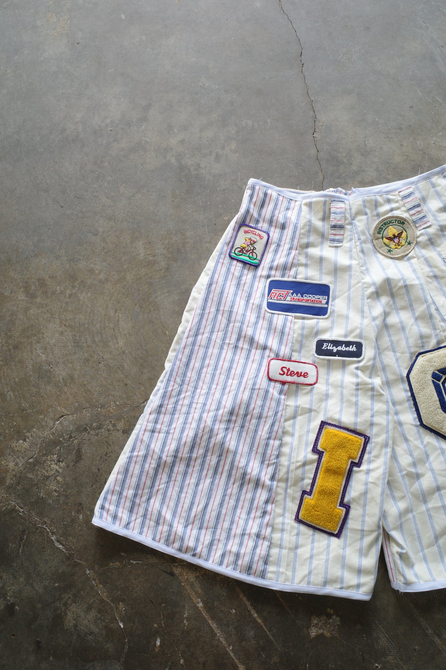 Patched Baggy Shorts (32)/made w vintage striped shirt and vintage patches