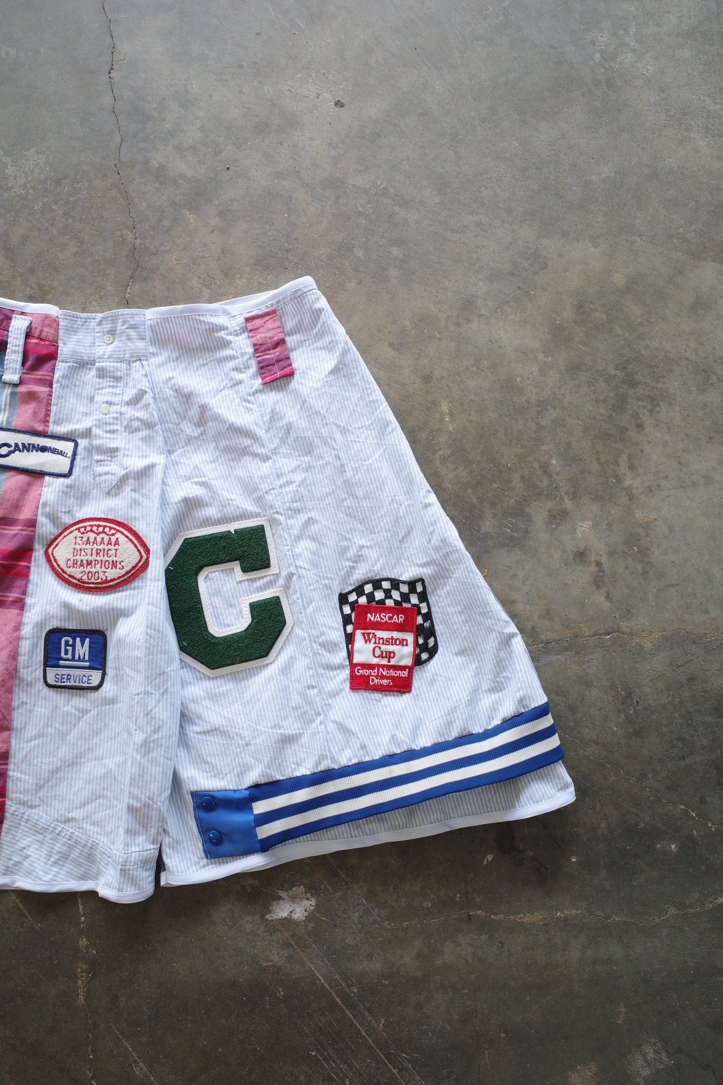 Patched Baggy Shorts (36)/made w vintage striped shirt and vintage patches
