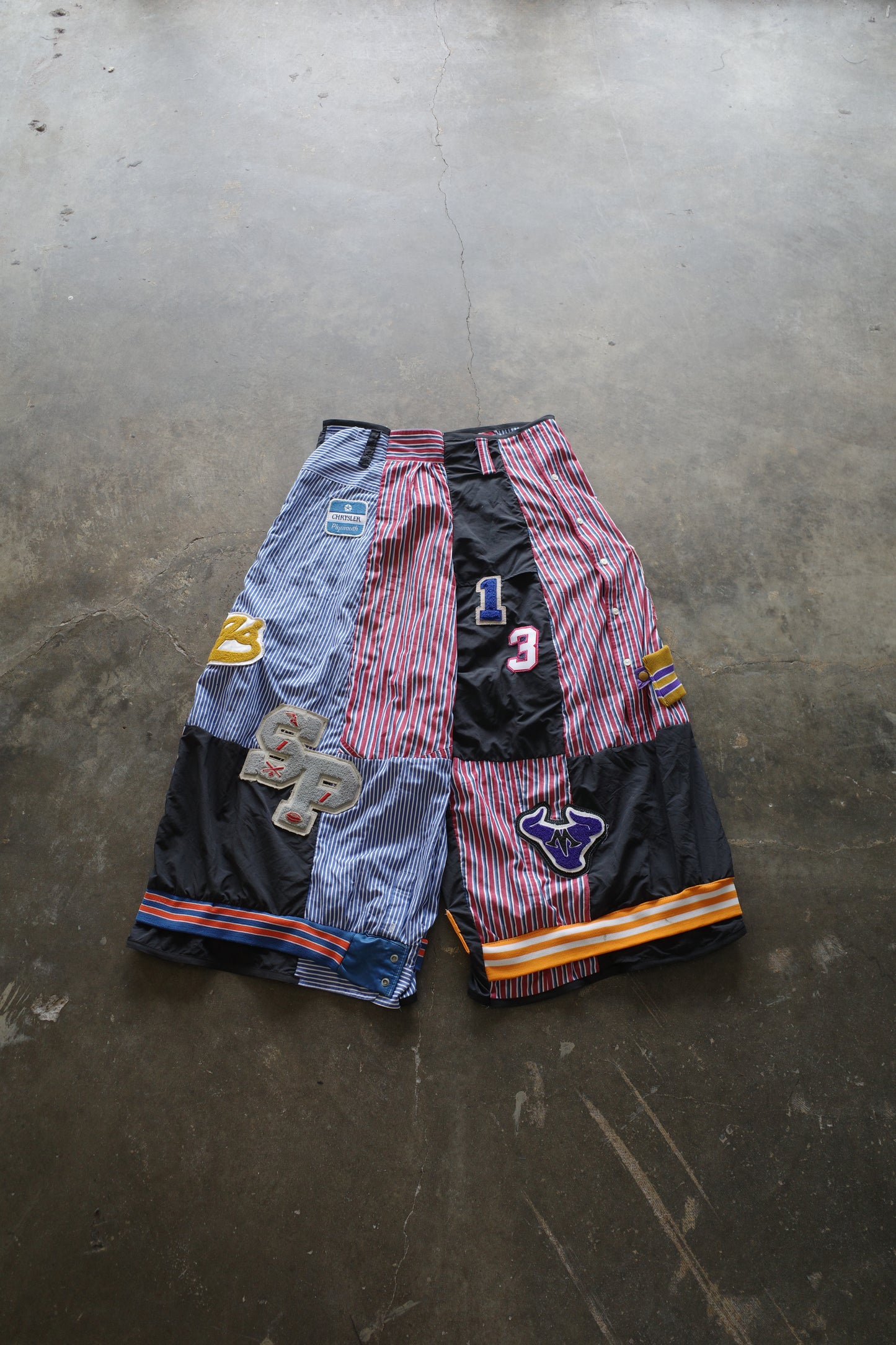 Wide Legged Patched Pants(L) /  made with vintage mens striped shirt w vintage patches (Copy)