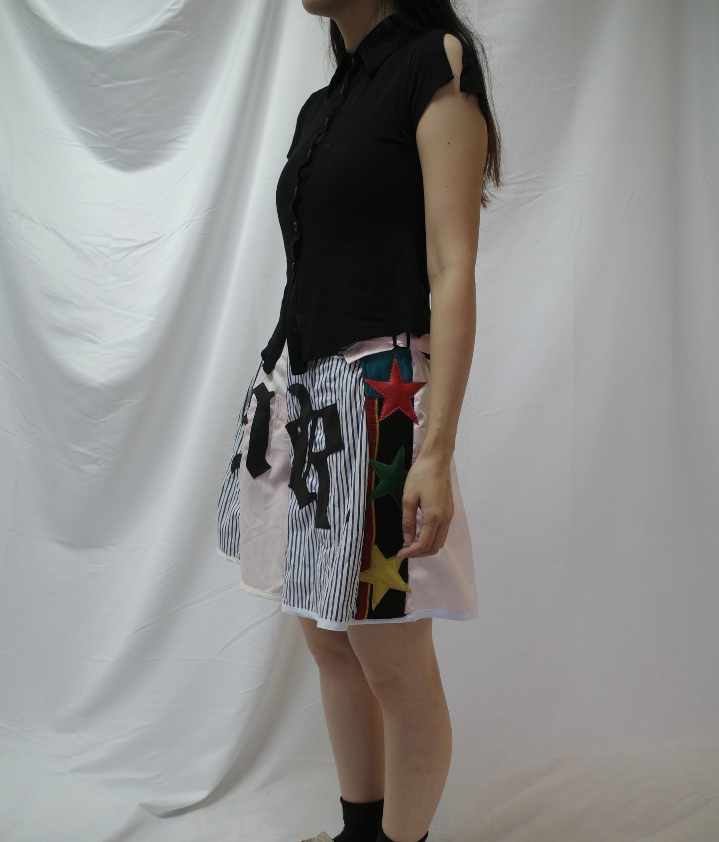 "The MR.Shorts"made with vintage stripe shirt & 3R. original leather patch